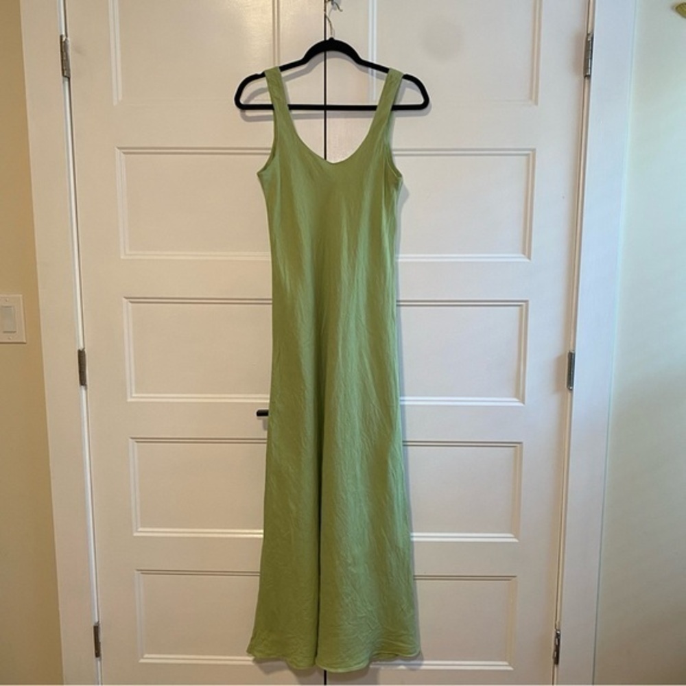 W Green Sleeveless 100% Linen Maxi Dress with Scoop Neck Size 14
